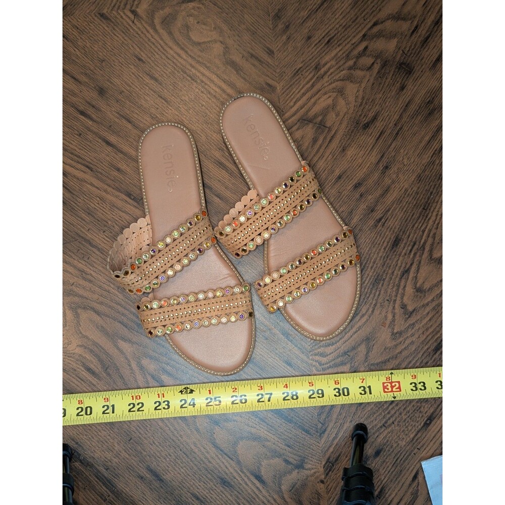 Kensie Tan Scalloped Slide Sandals with Colorful Grommets and Studs Womens 8.5